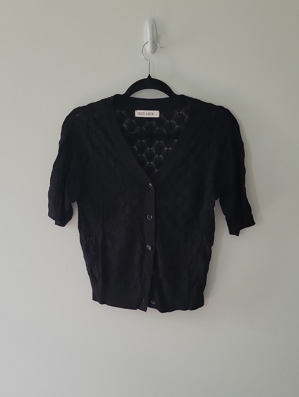 Grace Karin Black Short Sleeve Openwork Button Cardigan